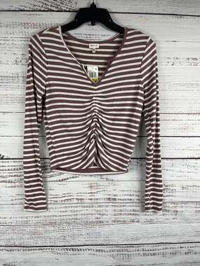 Selfie Shirt Women's Size M Rose Taupe Striped Long Sleeve Ruched Front Top
